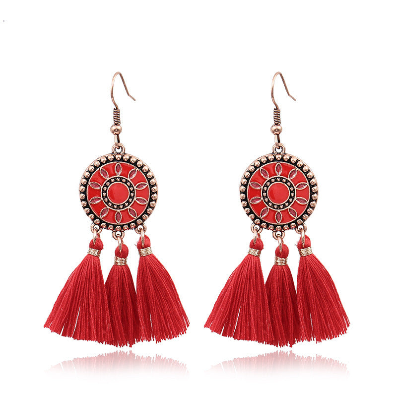 Wholesale Bohemian Red Vintage Tassel Dream Catcher Earrings